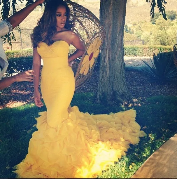 

Glamorous Elegant Sweetheart Sleeveless Floor Length Ruffle Mermaid Evening Dresses Long Yellow Formal Party Prom Dress 2015