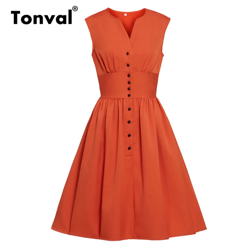 

Tonval Rust Orange Single Breasted High Waist Pleated Dress Women Summer Shirt Style V Neck Casual Solid Vintage Dresses