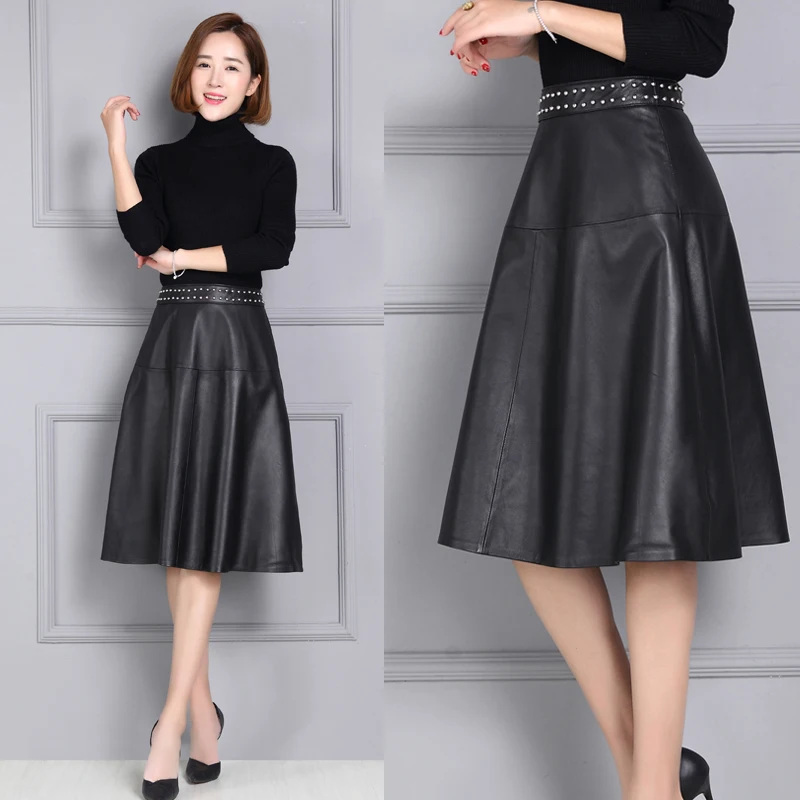 

Women Sheepskin Rivet Genuine Leather Skirt K114