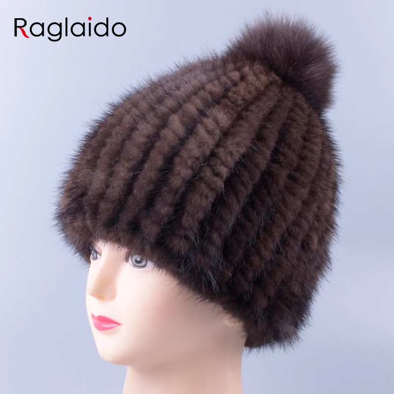 

Raglaido knit mink fur hats for women pompom girls caps high quality elegant woman ski beanie hats caps lady balaclava LQ11274