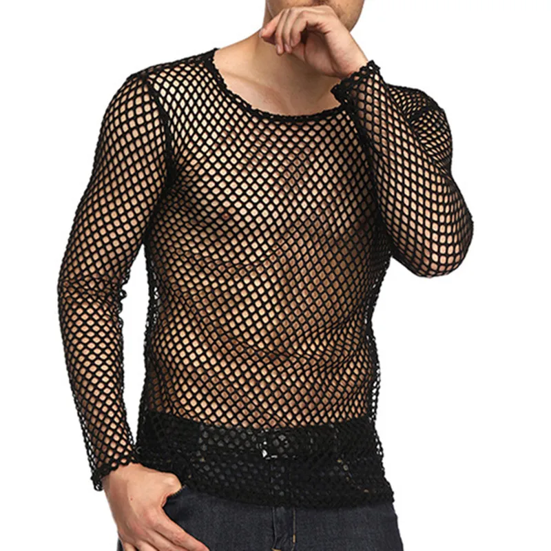 Autumn Men T Shirts Long Sleeve Hollow Male Tops Muscle Tee Mesh Sheer