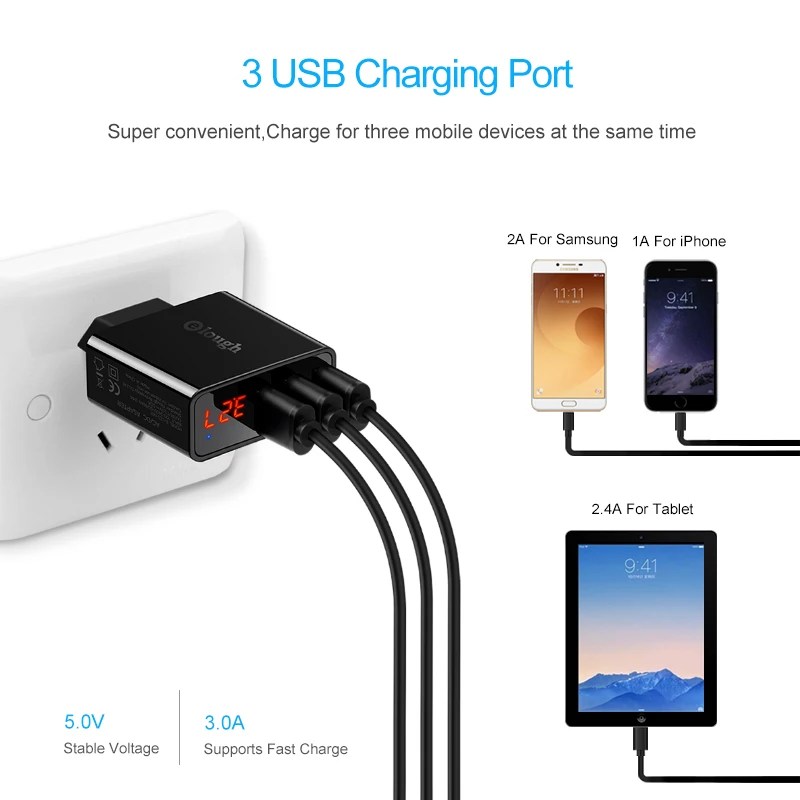 Elough 3A USB شاحن آيفون samsung xiaomi huawei LED عرض 3 ميناء سريع تهمة السفر الحائط مهايئ شاحن الهاتف المحمول