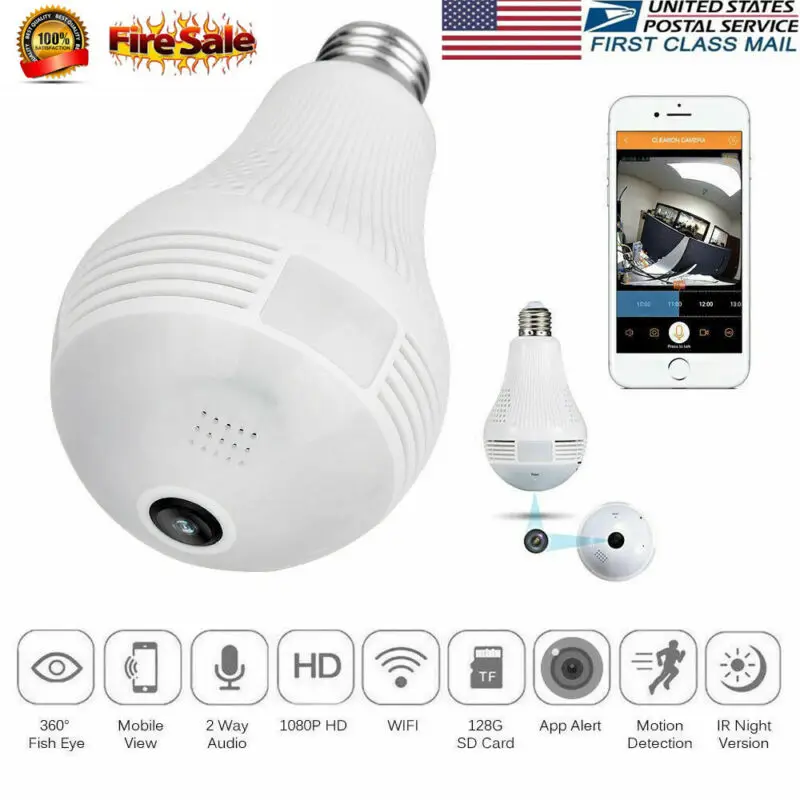 

Mini Wireless 1080P Camera 360° Panoramic WIFI Control Light Bulb Home Security
