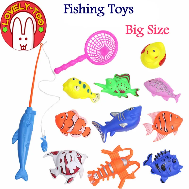 Lovely Too 12PCS Big Size Magnetic Fishing Toy With Rod Net 3D Fish Plastic Outdoor Indoor Fun Game Baby Kids Bath Toys
