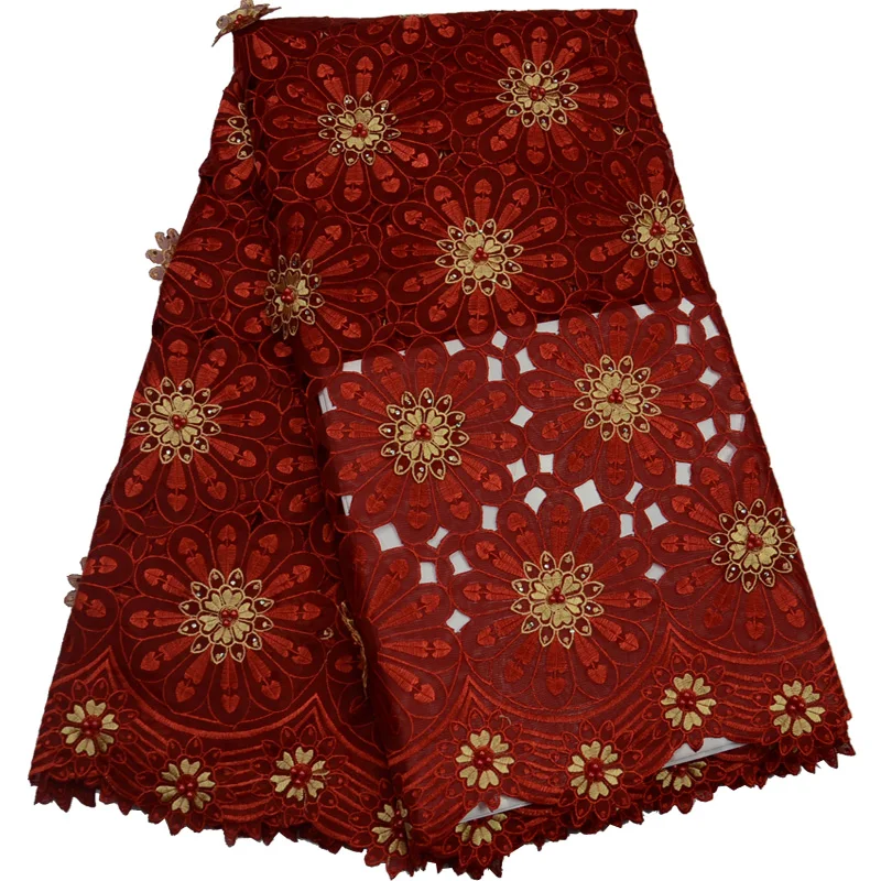 

Free shipping (5yards/pc) high quality red gold African organza lace fabric handcut Swiss lace with beads and 3D flowers OP53