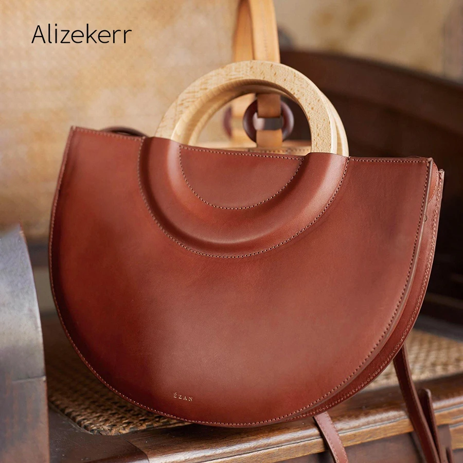 

Wooden Handle Saddle Handbag Women 2019 Designer Retro High Capacity Half Moon Solid Tote Shoulder Bags Ladies Simple Vintage
