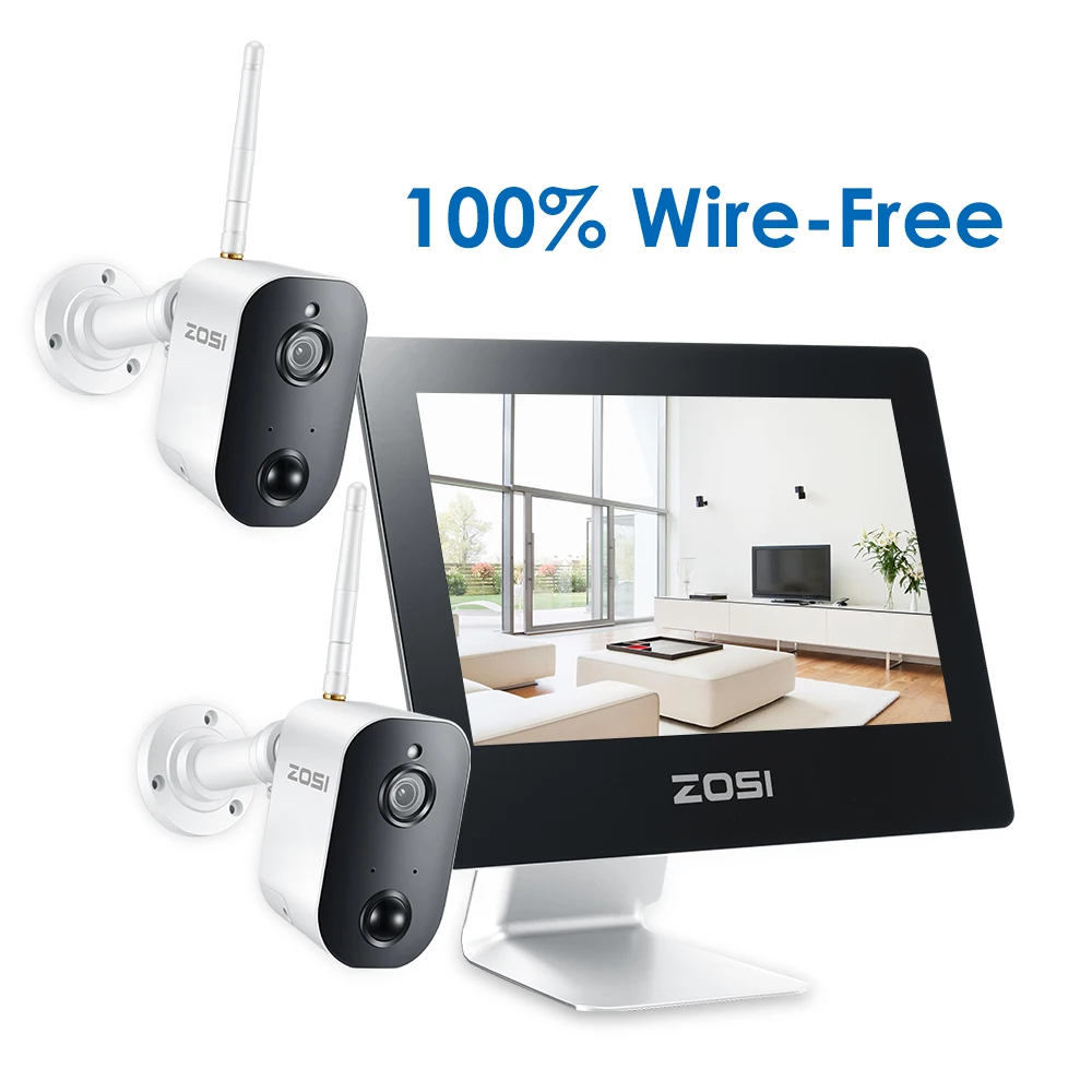 

ZOSI 1080p Wireless Battery Powered Surveillance System NVR Kit Outdoor Security IP Cameras,9"All-In-One Touched LCD Monitor