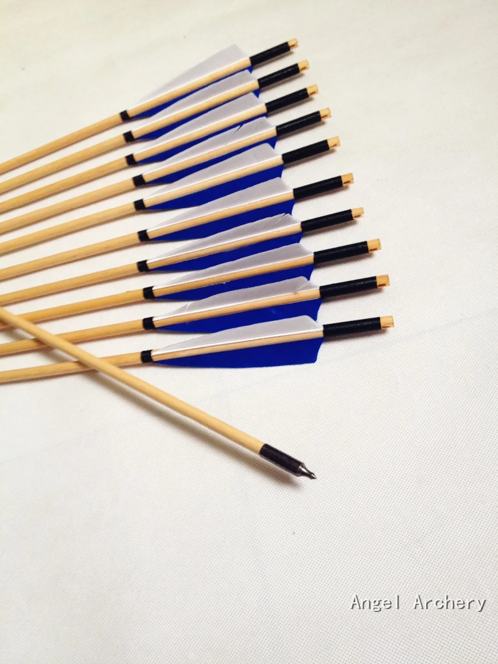 

12PK Archery Blue&White Turkey Feathers Wooden Arrows Target Practice Field Tips