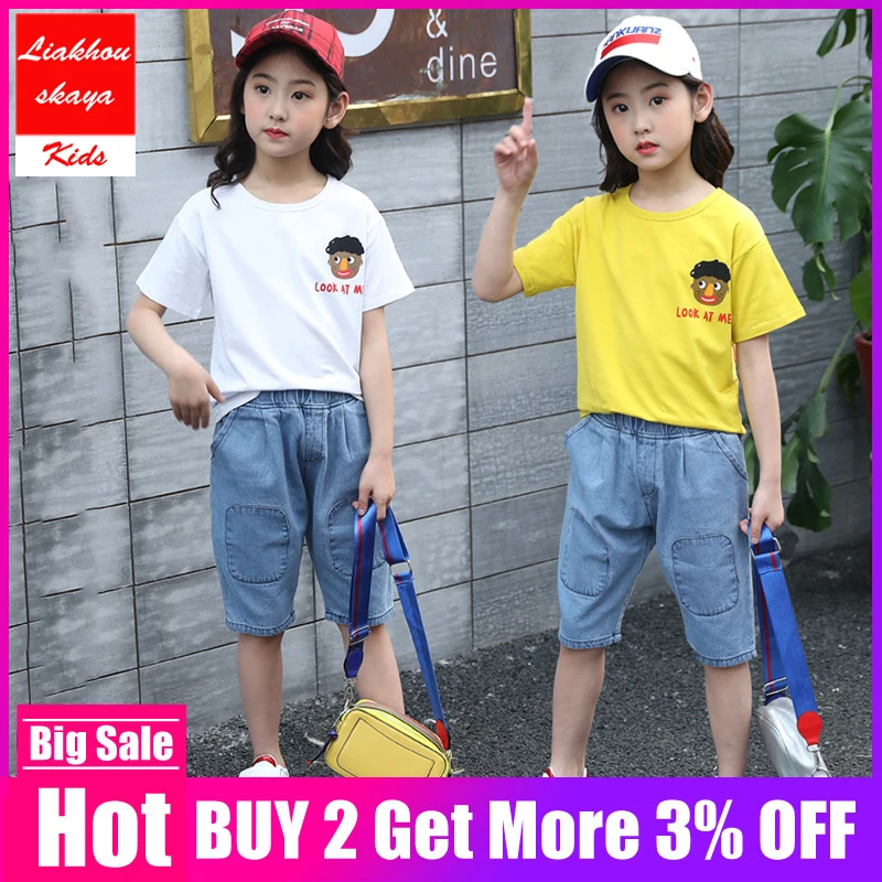 

Liakhouskaya High Quality Teenage Girl Clothing Set For Boys 2019 Fashion Summer Solid Shirt + Denim Pant Children Kids Clothes