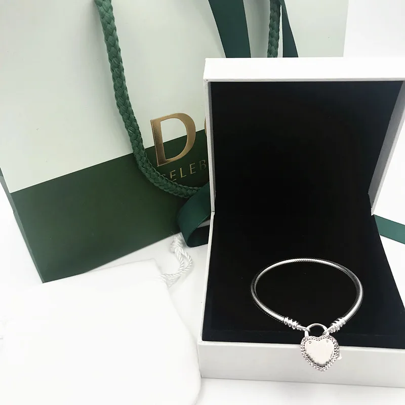 

New Perfect Charm logo Engraved Lock you promise bracelet pan S925 Silver beads chain women jewelry making gifts,1pz