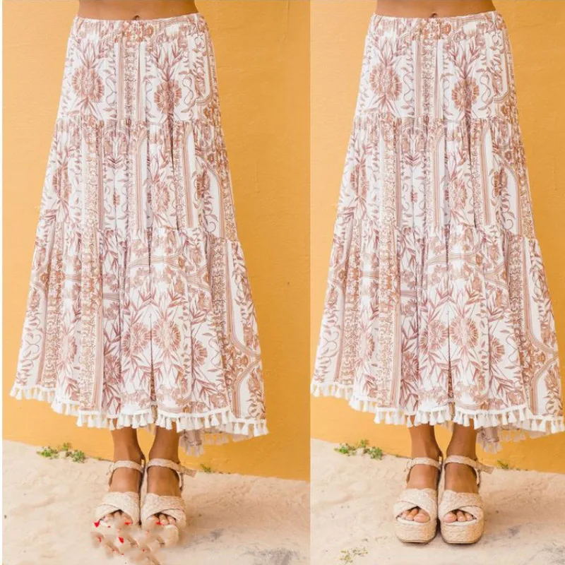 

2019 New Fashion Summer Womens Printed Floral Long Maxi Skirt Bohemian Beach Skrit