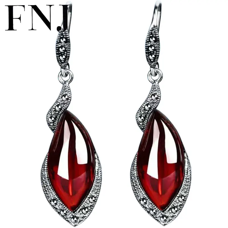 FNJ 925 серебряные серьги для женщин ювелирные изделия марказит висят красный камень циркон S925 Стерлинговое Серебро Букле д 'ореиль висячие серьги