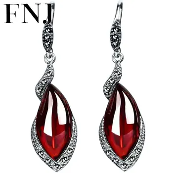 

FNJ 925 Silver Earrings for Women Jewelry MARCASITE Hang Red Zircon Stone S925 Sterling Silver boucle d'oreille Drop Earring