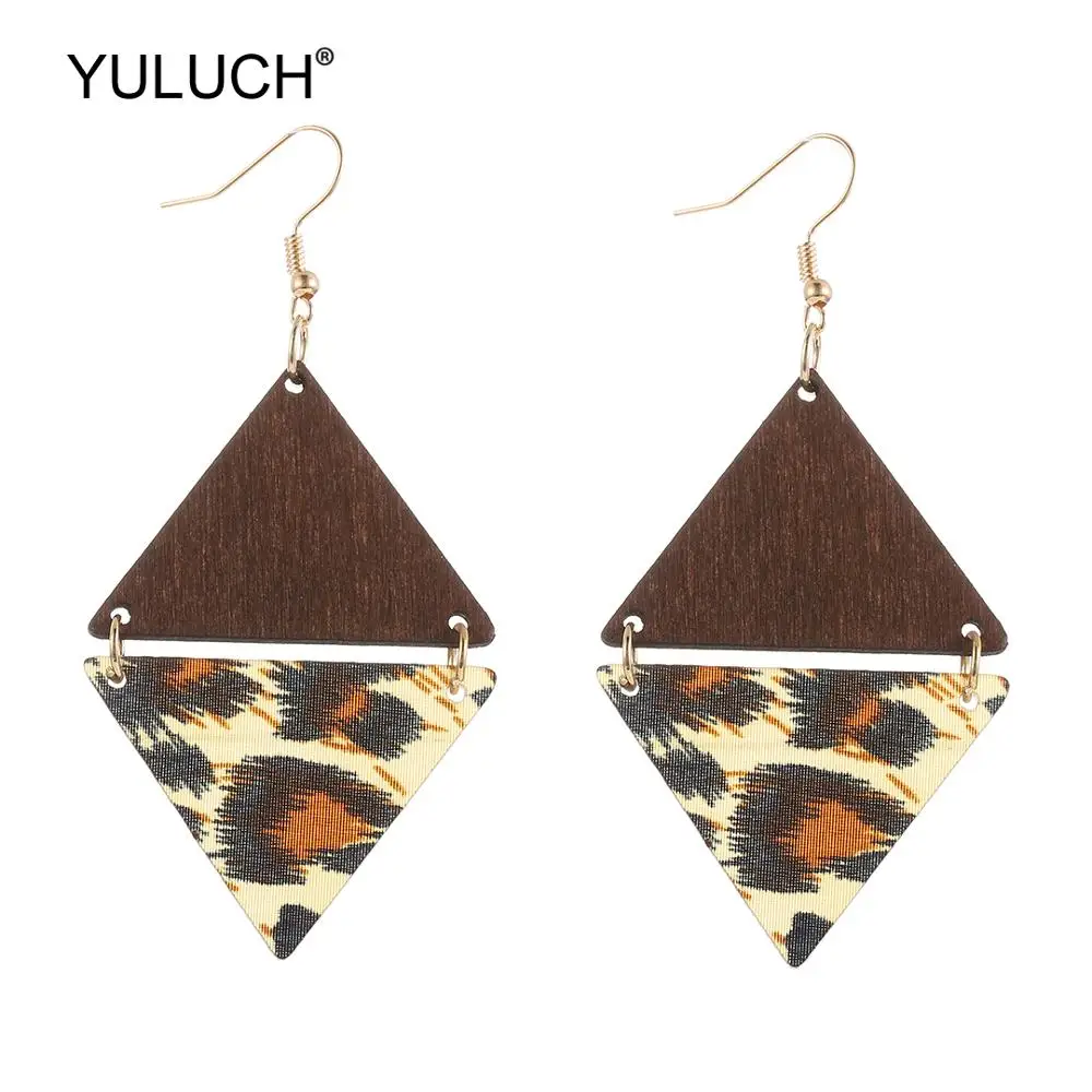 

YULUCH African Natural Triangle Yellow Animals Fur Pattern Acrylic Blue Red Wooden Long Dangle Earrings For Women Ethnic Jewelry