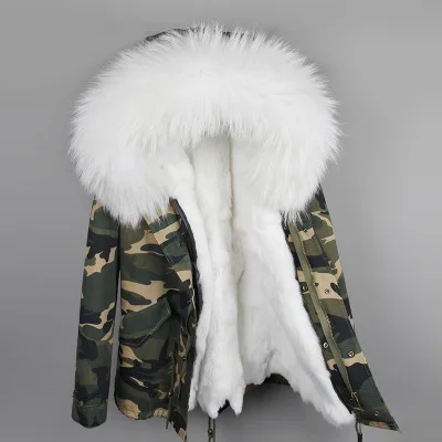 Модное зеленое милитари женское пальто Капюшон мех енота большой Парки уличная мода Подклад мех кролика Зимняя куртка - Цвет: 29