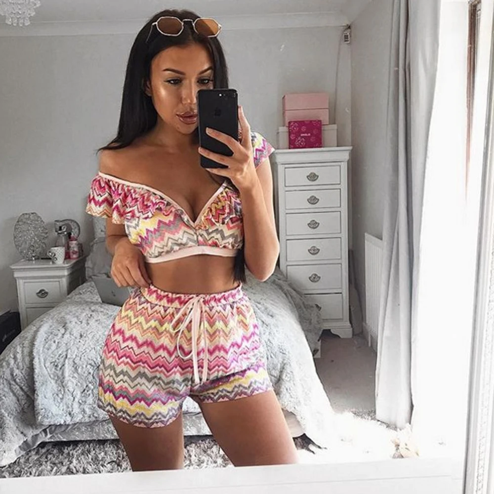 

Outfit Tracksuit Sportswear Fitness Co-ord Set for Women Clothing Sets 2 Piece Set 2019 Summer V-neck Crop Top and Pant Suits