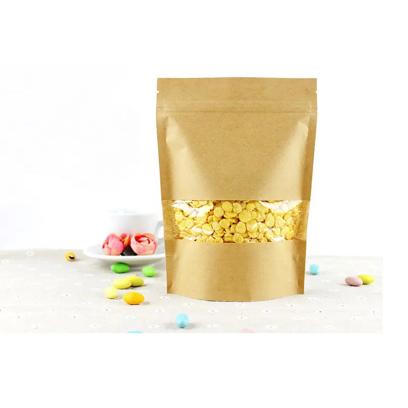 100pcs Brown Kraft Paper Bags For Gifts/candy/tea/food/wedding With Window Stand Up Zipper Kraft Bags Crafts Packing Bag Display