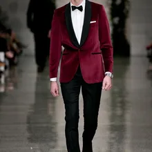 Подиумная Мода, бордовая шаль, бархатные Свадебные смокинги для жениха, одежда из 3 предметов, облегающие мужские костюмы(куртка+ брюки+ бант