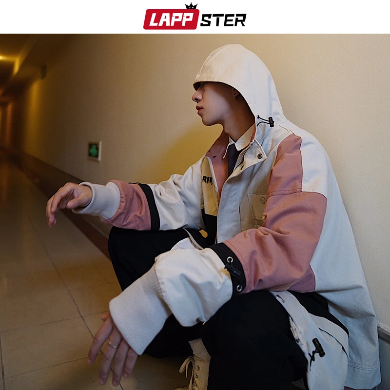 LAPPSTER Men Oversized Streetwear 2019 Bomber Jackets 2019 Patchwork Color Block Cargo Windbreaker Jackets Coats Korean Clothes