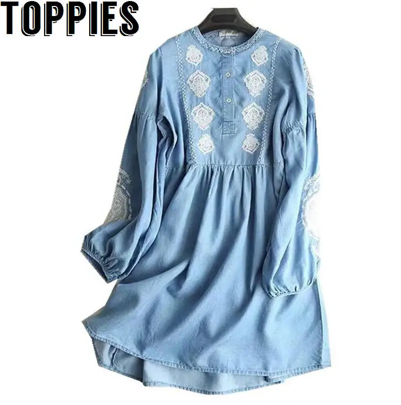 

Toppies Women 2019 Women Long Sleeves Tencel Dress Floral Embroidery Boho Vintage Dress Denim Jeans Dress