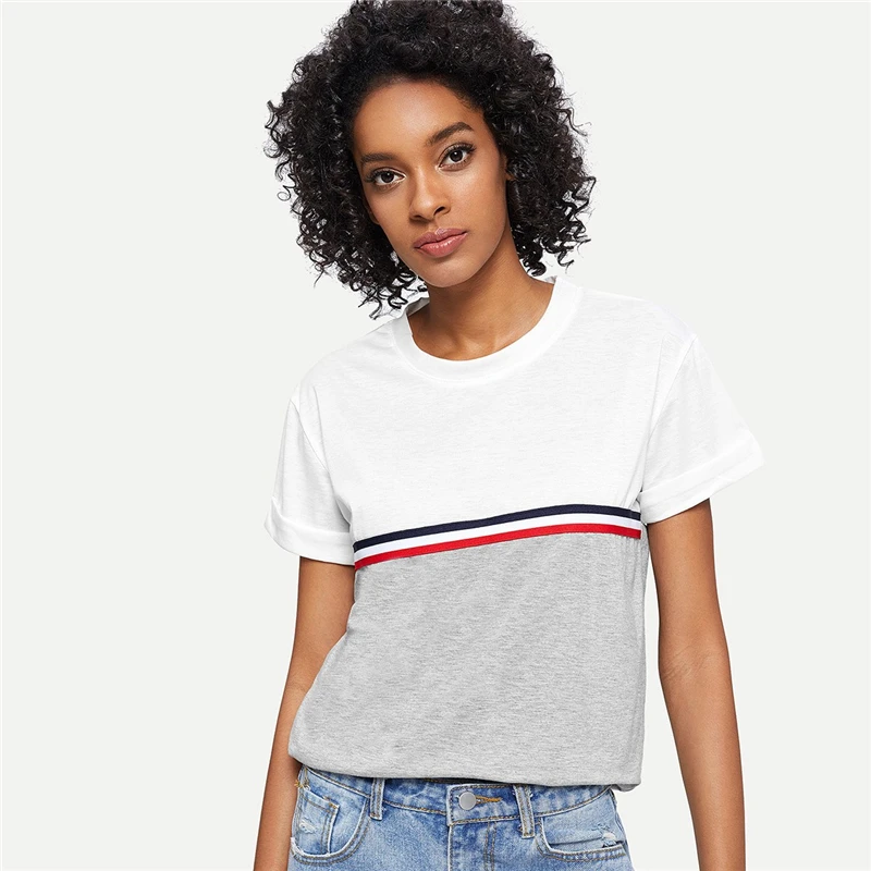 SweatyRocks полосатая футболка с лентами и цветными блоками, уличная мода, эластичная футболка, лето, повседневные женские топы