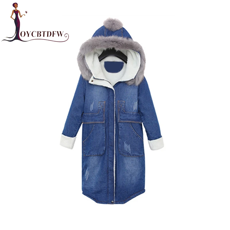 

Winter Jacket Big pocket Ladies Denim Jacket Mid-long section Hooded Slim Thick Coat Fashion Warm Fur Collar Outerwear DD076