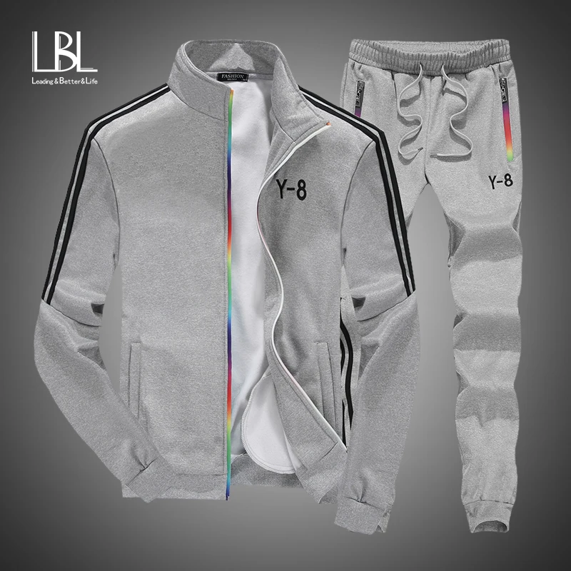

Men Tracksuit+Sweatpants Set 2018 New Brand Autumn Winter 2PCS Stand Collar Zipper Fleece Patchwork Sweatshirt Casual Hoodie Men