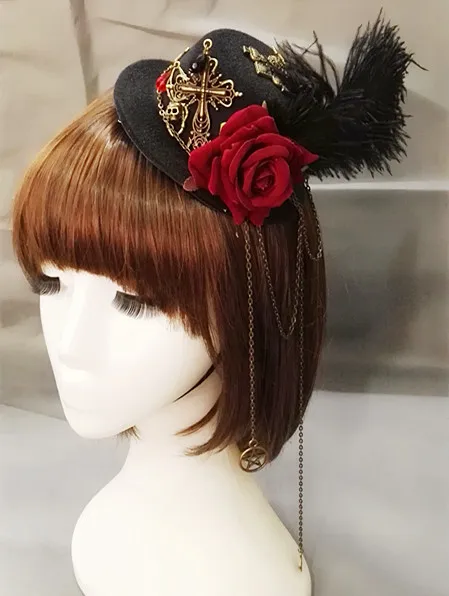 

Retro Women Steampunk Rose Mini Top Hat Goth Geer Cross Chain Girl Hair Accessory Handmade