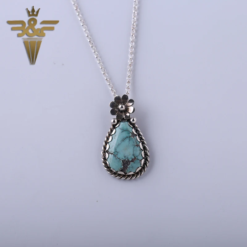 

Water Drop Shape Turquoise 925 Silver Jewelry Pendant&Necklace 33x18x6mm 5.05g Beauty Women girl Silver Flower with stone gift