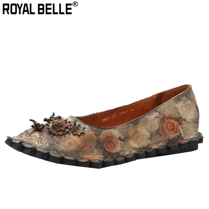 

Royal Belle Genuine Leather Handmade Women Flats Vintage Ladies Shoes Pointed Toe Casual Printed Flat Flowers Creepers Moccasins
