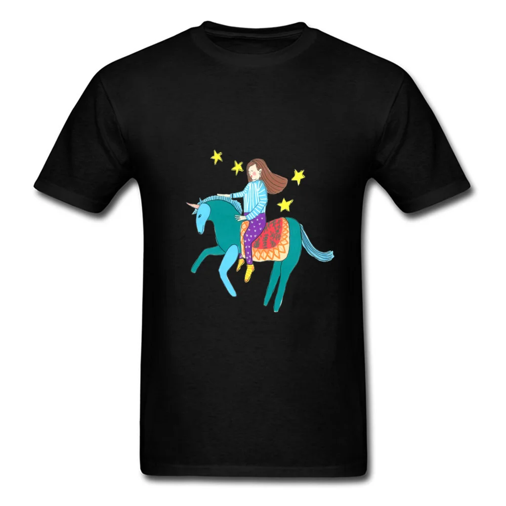 Girl riding a unicorn Hip Hop Casual T Shirt Round Collar All Cotton Short Sleeve Tops Shirts for Men Clothing Shirt Summer Fall Girl riding a unicorn black