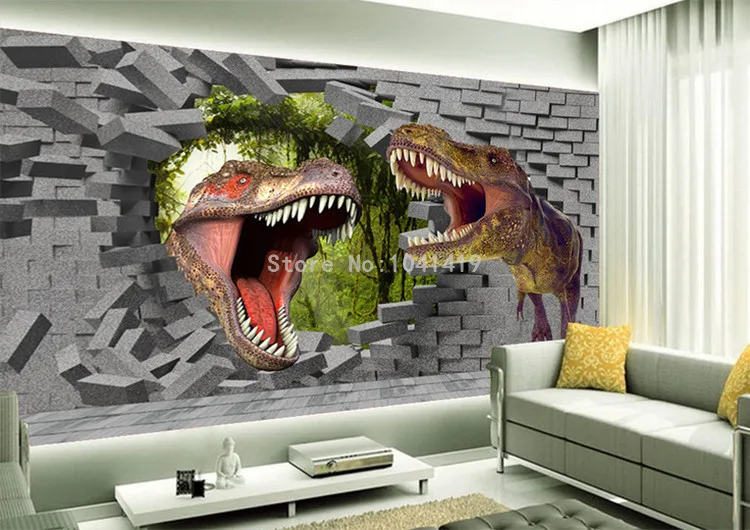 Papel де Parede 3D стерео мультфильм Динозавр МУРАЛ с проломом в стене обои детская комната гостиная фон настенные изображения стена бумаги 3D