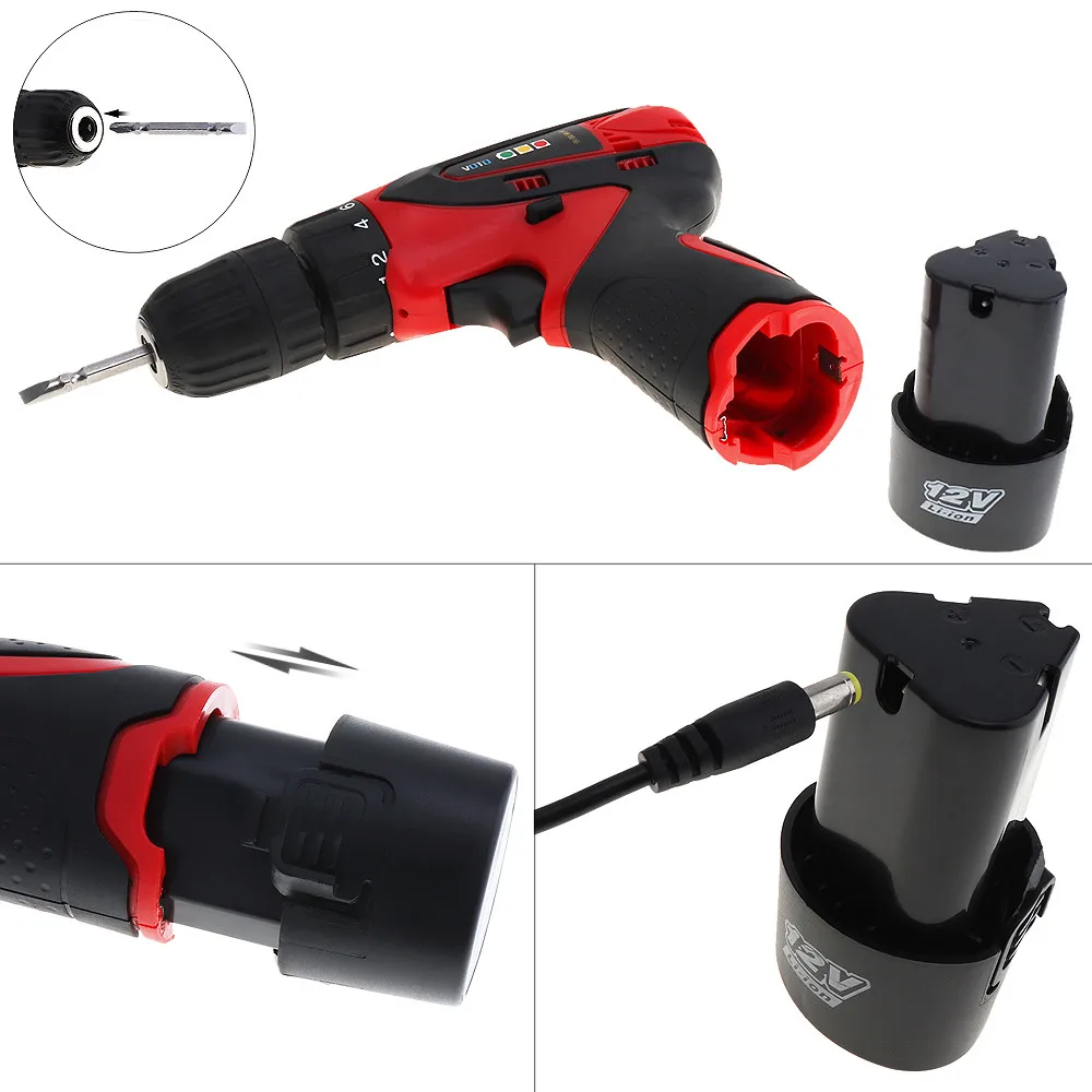 Blue or Red 12V Rechargeable Li-Battery 1.5Ah Cordless Electric Screwdriver Compact Drill Kit 2 Speed Tools