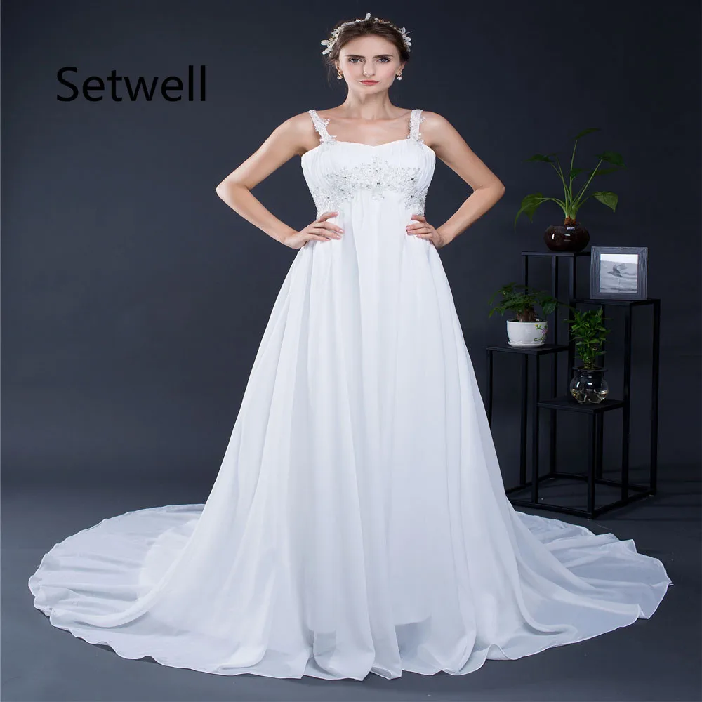 

Setwell New Summer Chiffon Wedding Dresses Square Neck Lace Up Back Wedding Dress Sexy Sweep Train White Long Wedding Gowns