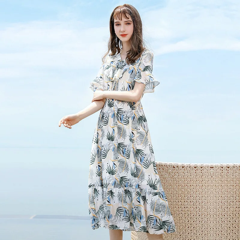 

Chiffon Print Dress 2019 Summer BONJEAN New Brand Women's Long Print temperament Light Cooked Casual Commuter Chiffon