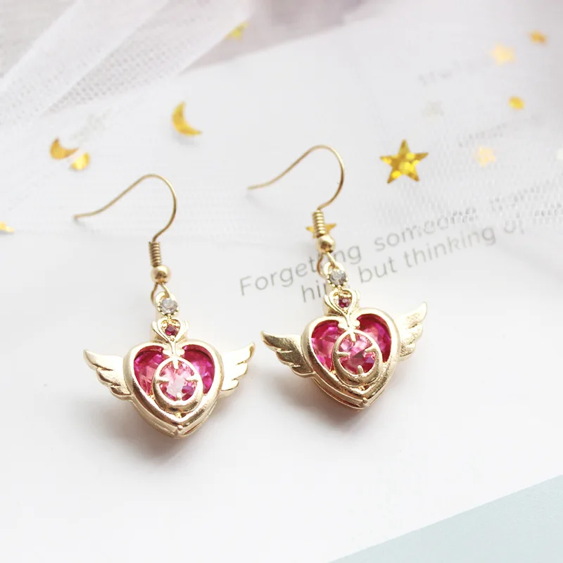 Женские серьги пусеты Sakura Angel Wing розовые стразы в виде сердца японский аниме