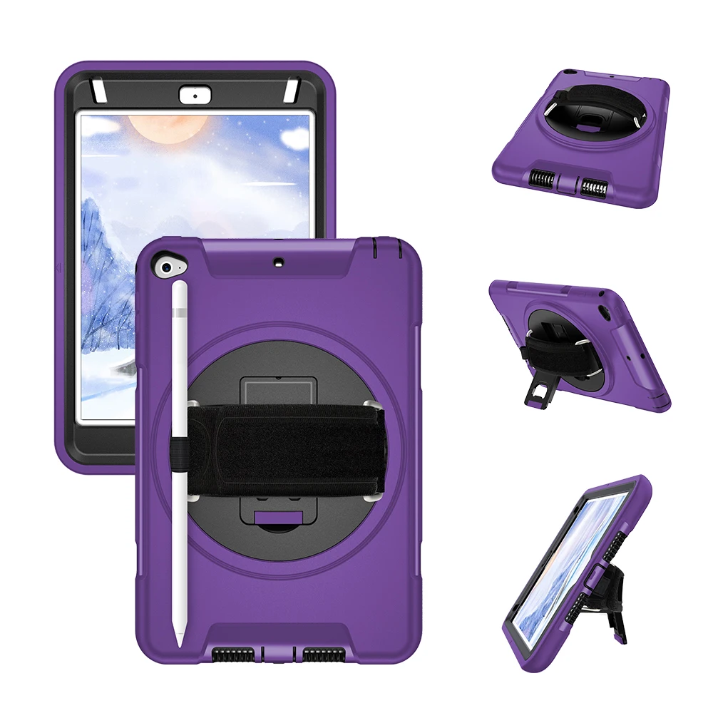 

For iPad Mini 4 5 Case with Pencil Holder PC+TPU Back Cover Rotation Hand Strap & Stand Purple 7.9" 2019 Protector Shell FTL02