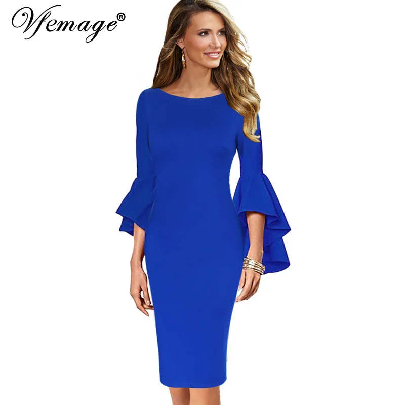 Vfemage Women Autumn Winter Elegant Long Flare Bell Sleeve Fashion Vintage Pinup Formal Party Cocktail Bodycon
