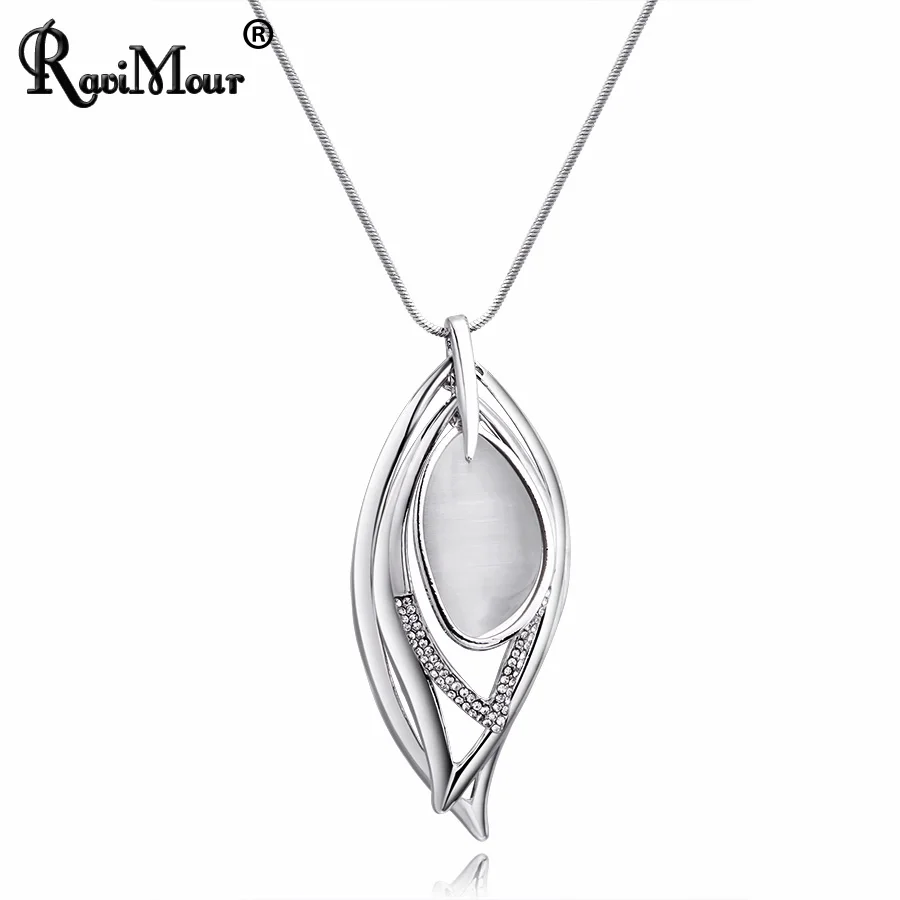 

RAVIMOUR Fashion Long Necklaces 2018 Statement Kolyel Jewelry Geometric Big Opal Leaves Pendant Necklace Chain Korean Choker New