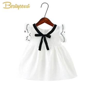 

Preppy Summer Baby Girl Dress with Bow Ruffle Sleeve Infant Dresses Cotton Toddler Baby Girl Clothes 4 Colors