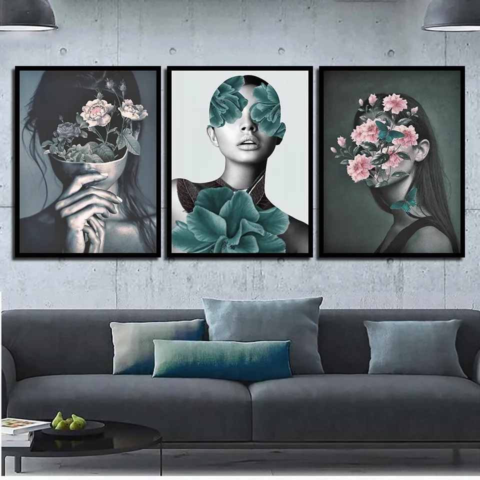 

Fashion Canvas Print Poster Pink Flowers Woman Pictures Bedroom Nordic Modern Leaf Girl Painting Wall Art Living Room Home Decor