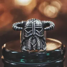 Vikingos, nórdicos estilo Cuernos del casco Guerrero anillo para hombre Vintage pesado anillos de acero inoxidable único joyas de motorista