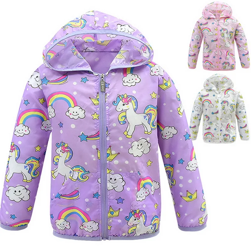 Детская куртка-дождевик, одежда для маленьких мальчиков и девочек весеннее Детское пальто с капюшоном и принтом единорога ветронепроницаемая Верхняя одежда Топы, От 2 до 10 лет
