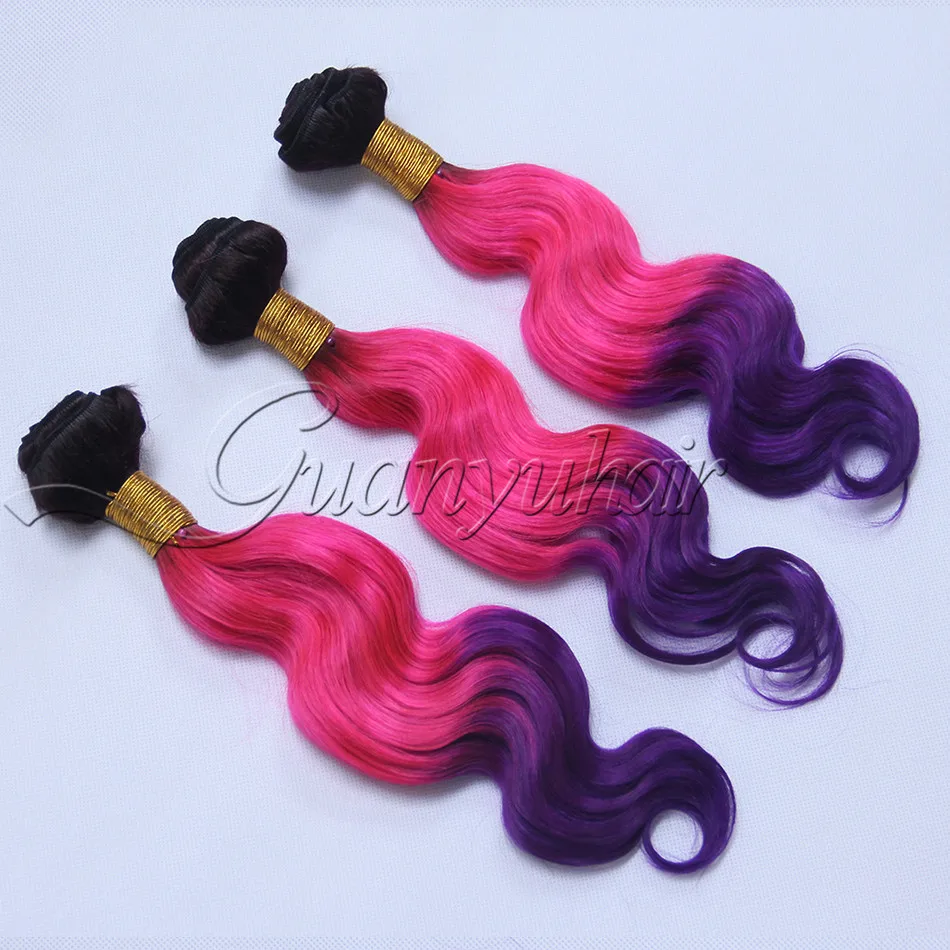 Guanyuhair Brazilian Body Wave 3 Tone 1b Red Purple Ombre Hair