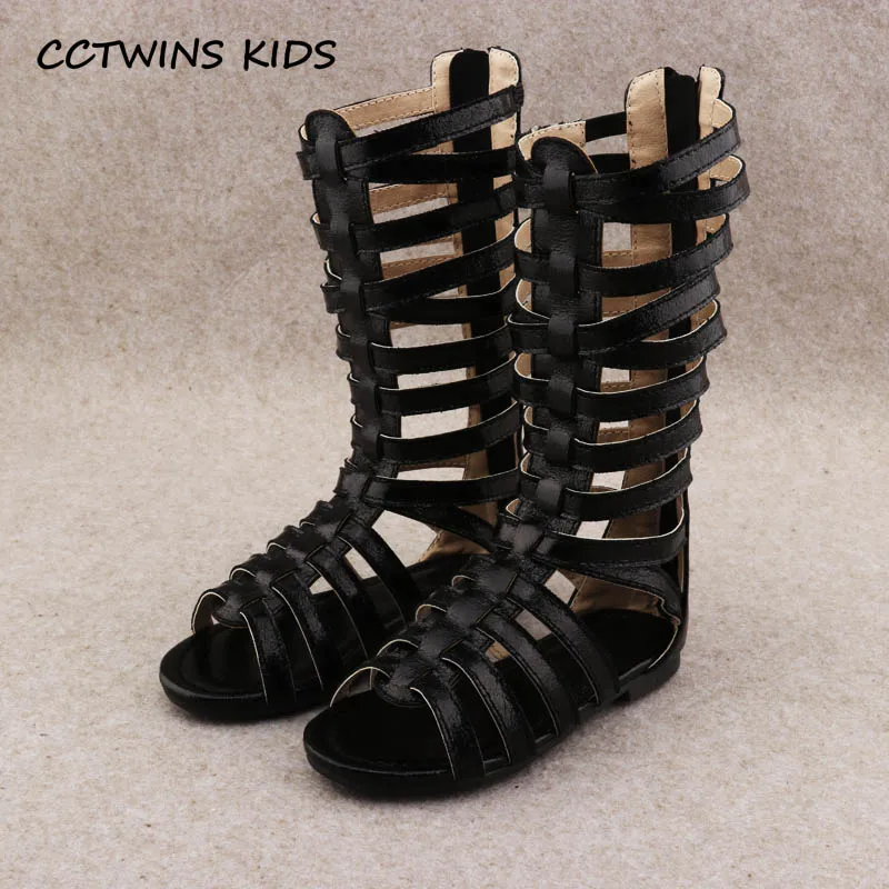 CCTWINS KIDS/лето г.; сандалии-гладиаторы до колена для маленьких девочек; модные детские сандалии на мягкой плоской подошве; детская пляжная обувь золотистого цвета для малышей; BG063 - Цвет: Черный