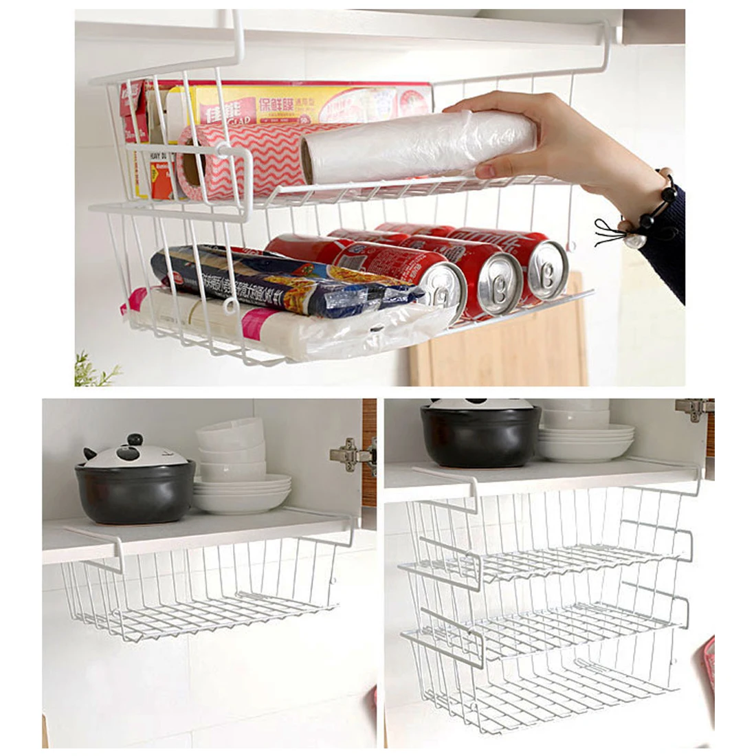 

1Pcs Multifunction Iron Under Shelf Basket Hanging Storage Rack Bucket Kitchen Household Cabinet Hook Holder Organizer