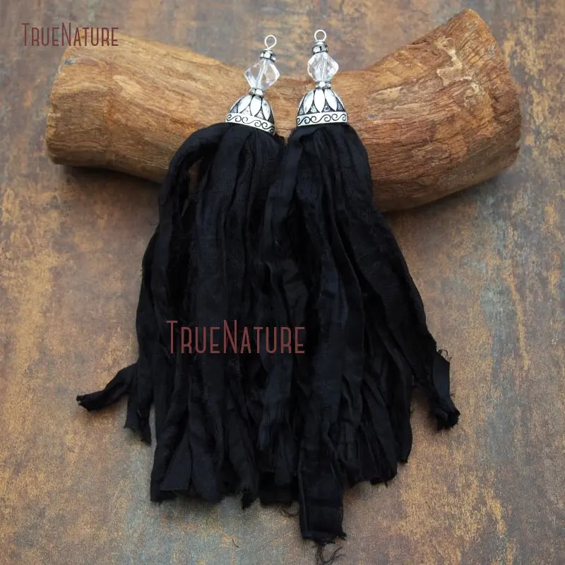 20171116-PT7909- Black Sari Silk Tassel Antique Silver-6.8inch-13.5g_4