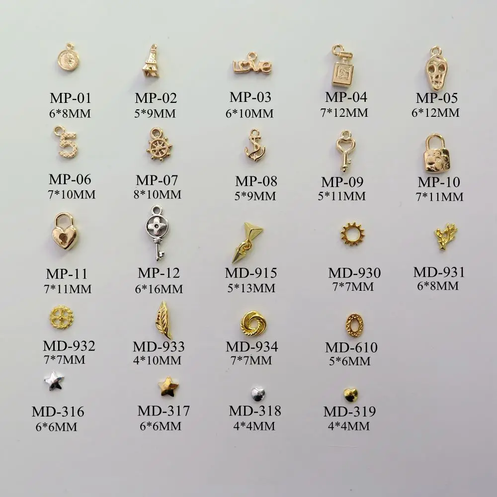 

3D 50pcs/bag Different Metal Pendant Love Bottle Helm Key Leaf Star Oval Nail Decoration Metal Shinny Deco 2