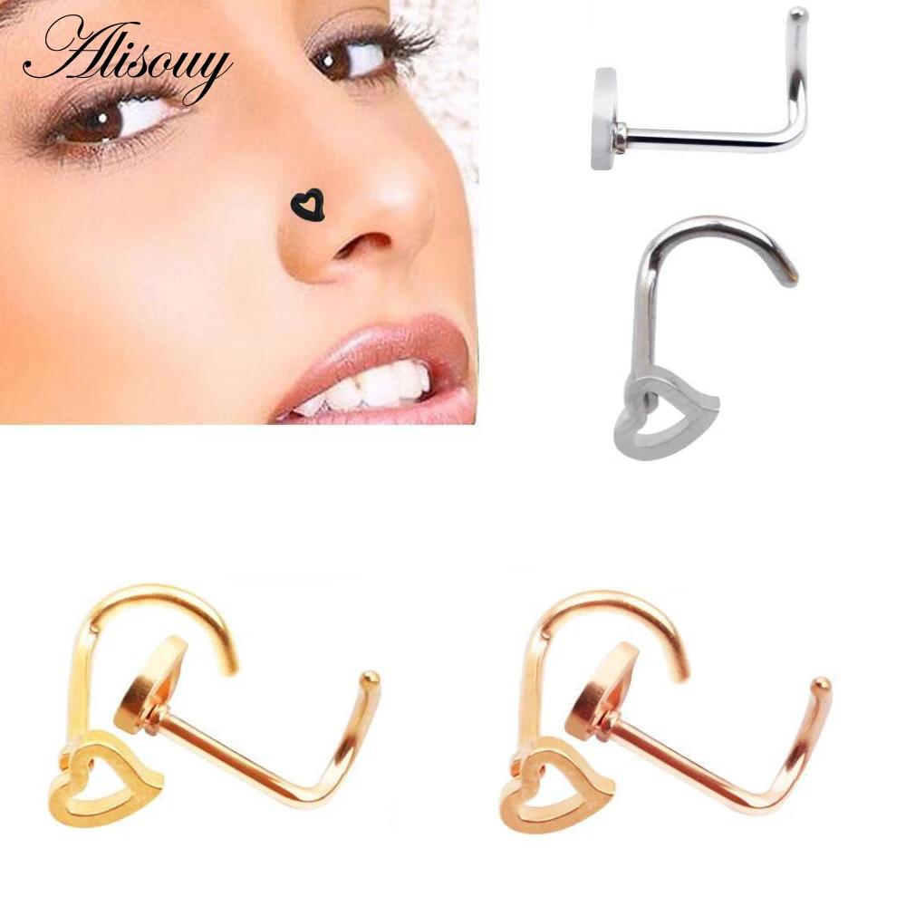 

Alisouy Stainless Steel Silver Gold Nose Open Hoop Ring Earring Body Piercing Heart Nose Studs Women Men Studs Jewelry