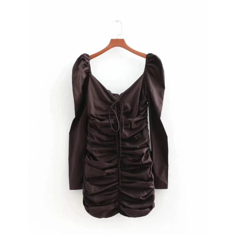 

casual lady square collar fold decoration mini dress fashion women puff sleeve sheath dresses autumn femme vestidos LD1588